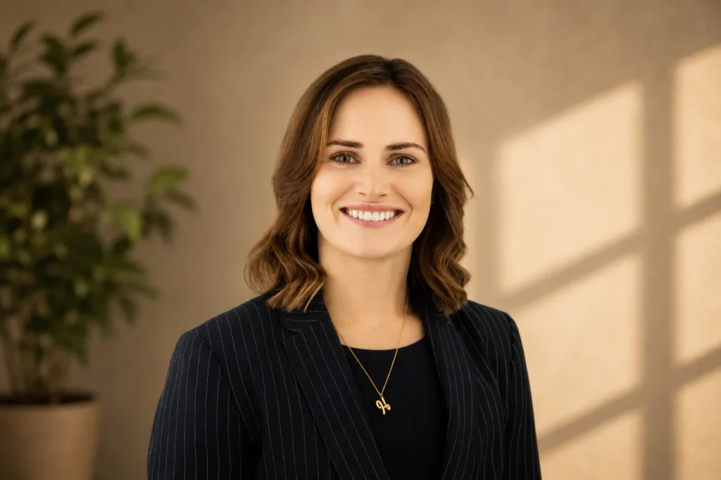 Smiling young woman with shoulder-length brown hair wearing a dark pinstriped blazer and gold necklace