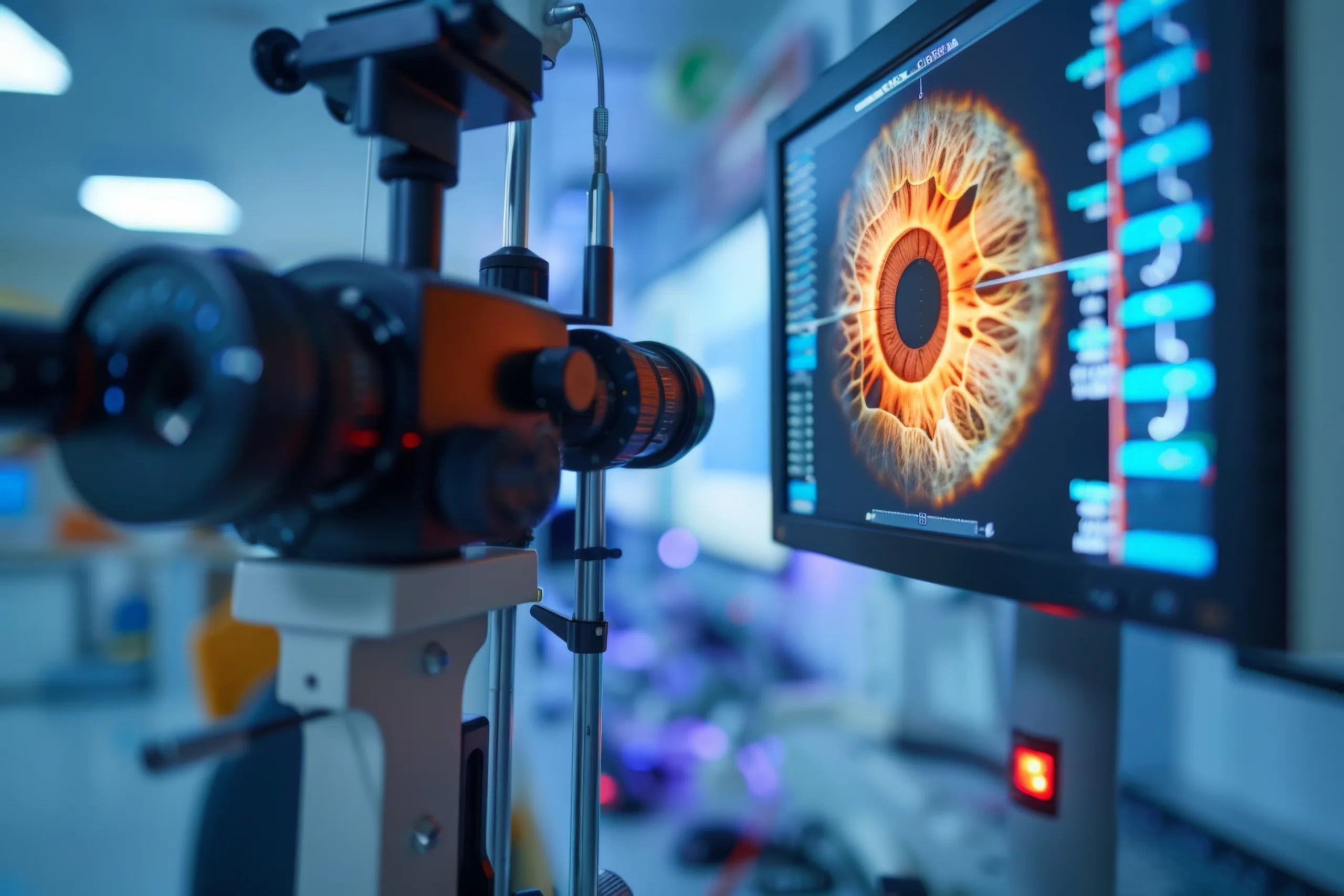 Ophthalmology device focusing with computer screen showing detailed image of an eye