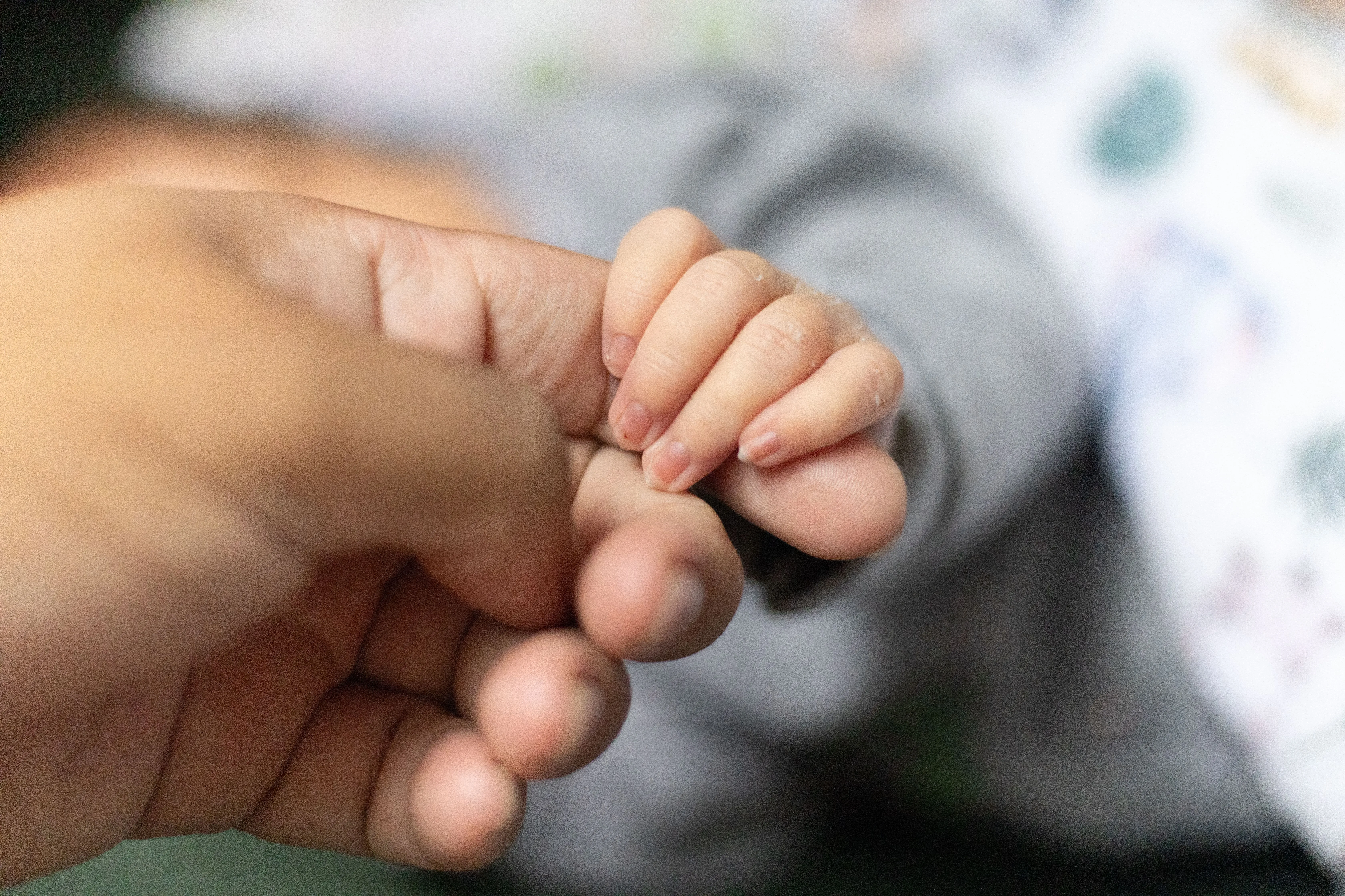 Adult hand holding tiny hand of baby with patterned blanket in background