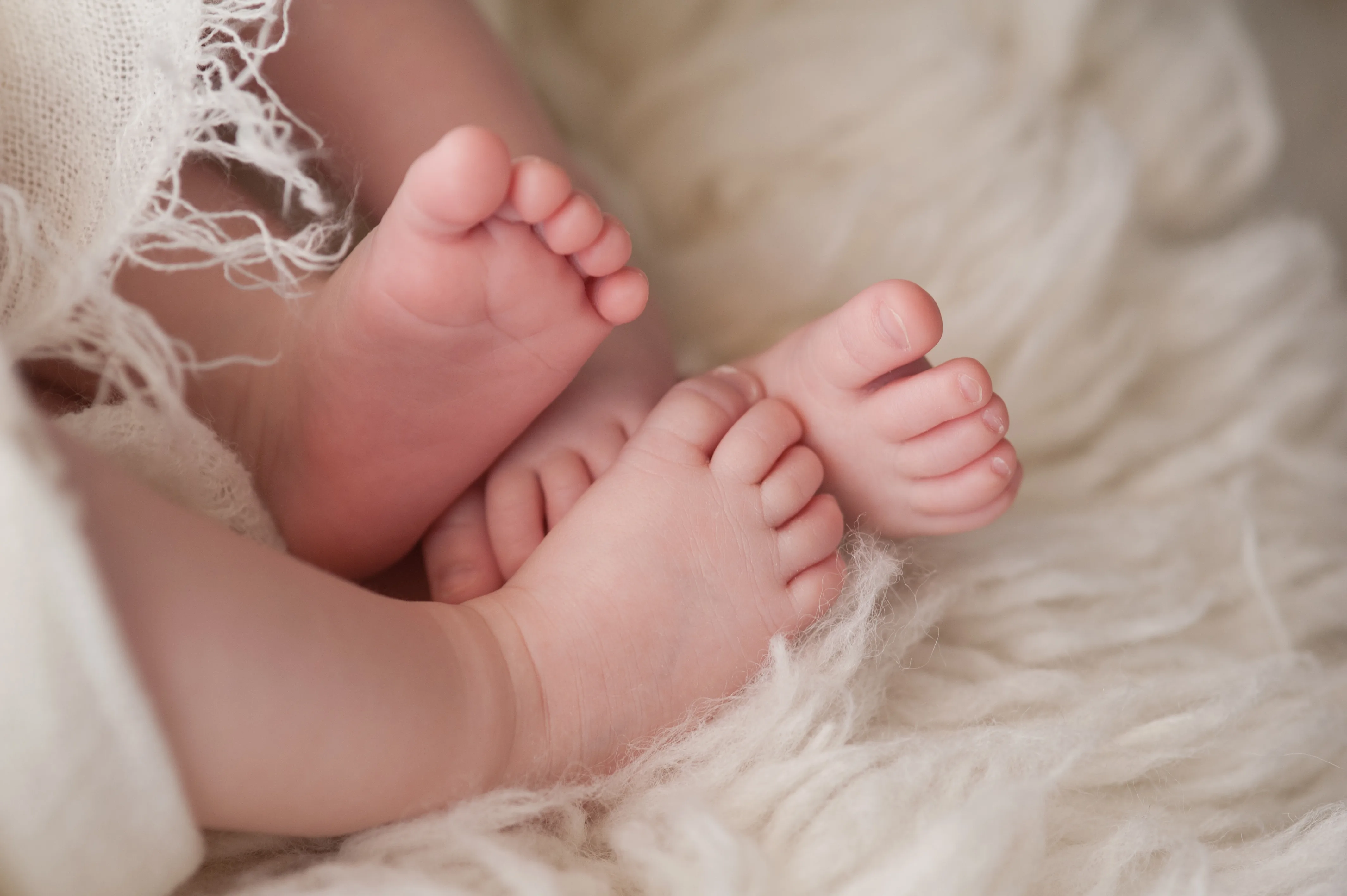 Close-up of the feet of twin baby girls swaddled in blankets