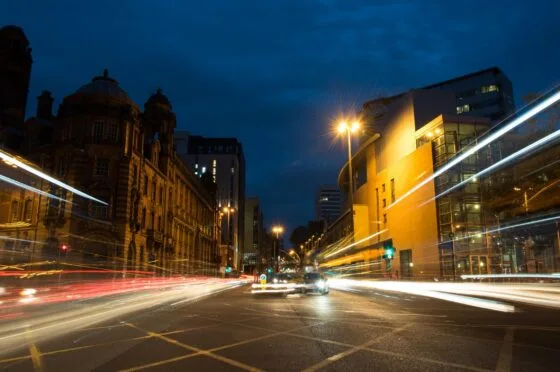 City traffic light trails at dusk