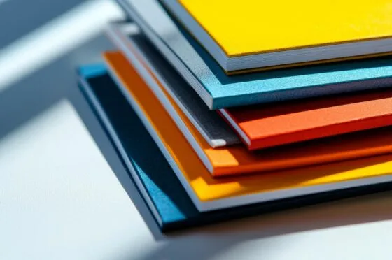 Colourful material samples arranged on table
