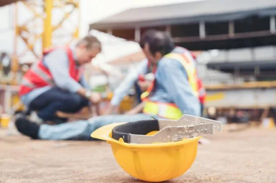 Construction workers assisting injured colleague on site