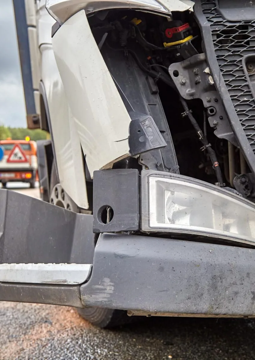 Damaged lorry cab after motorway collision