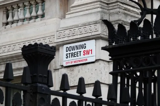 Downing Street sign at UK Government entrance