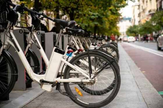 Electric bikes parked on city street