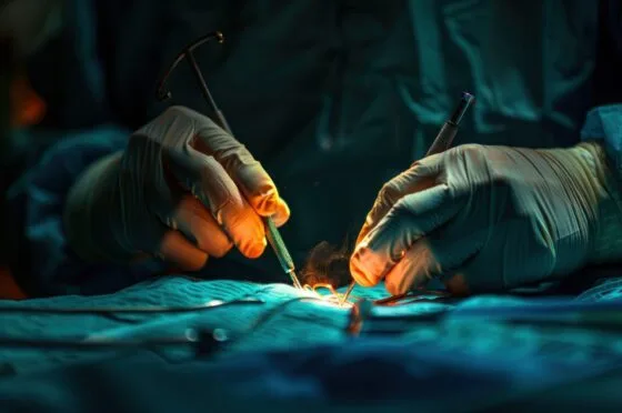 Laparoscopic surgery being performed in theatre