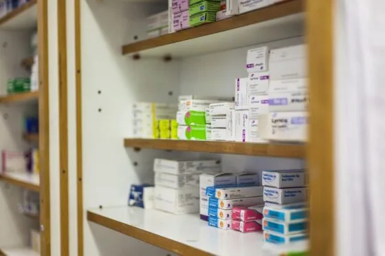 Medicine shelves in pharmacy