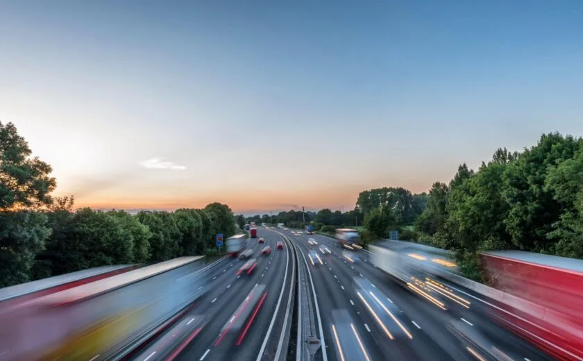 Motorway traffic light trails at dusk