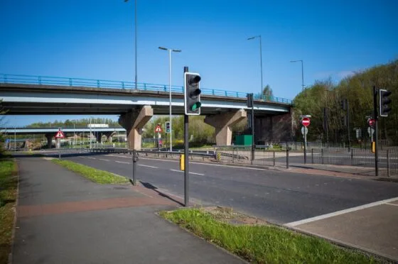 Pedestrian crossing and road junction with flyover