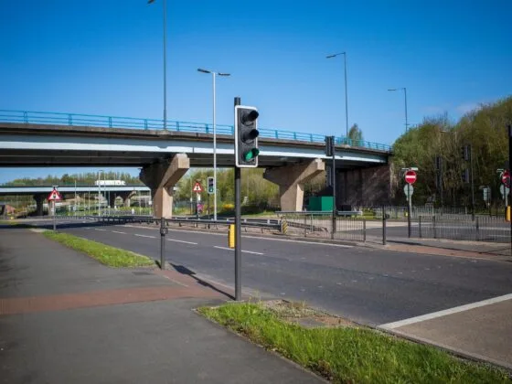 Pedestrian crossing and road junction with flyover