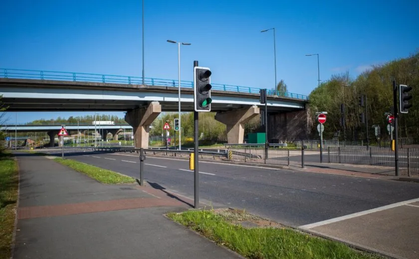 Pedestrian crossing and road junction with flyover