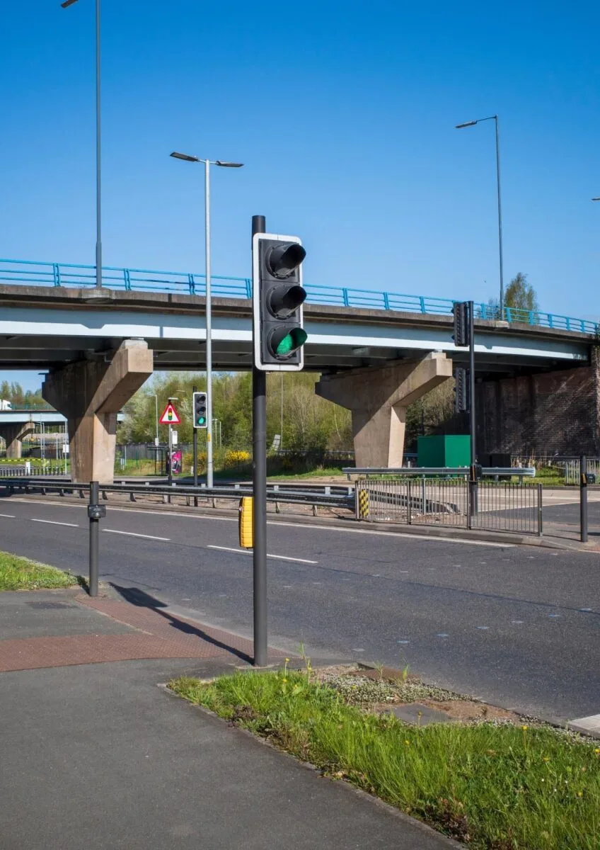 Pedestrian crossing and road junction with flyover