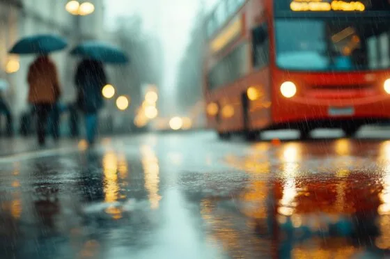 Rainy city street with bus and pedestrians