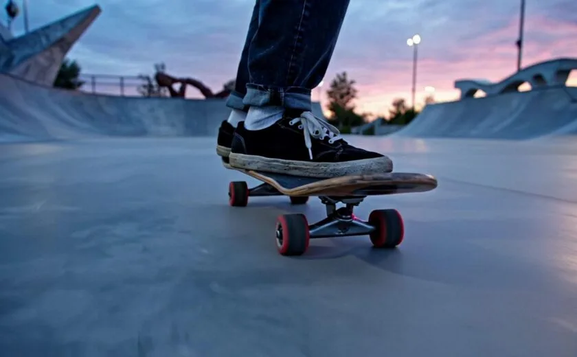 Skateboarder riding in skate park