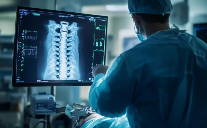 Surgeon reviewing spinal scan in operating theatre