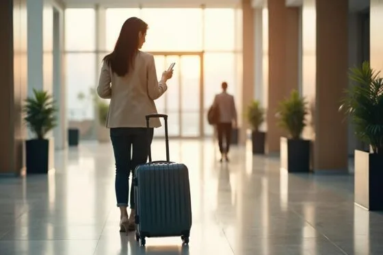 Traveller pulling suitcase through airport terminal