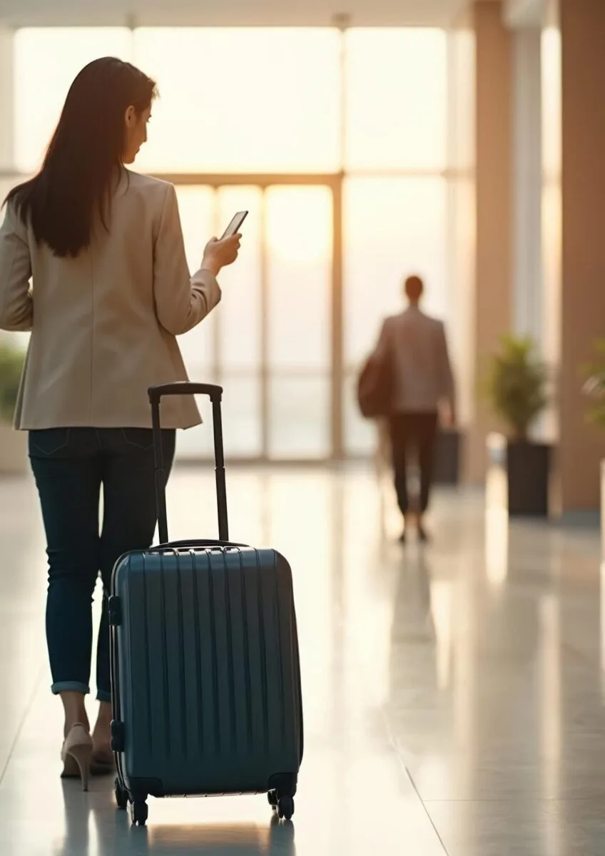Traveller pulling suitcase through airport terminal