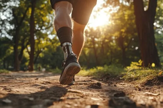 Close-up of person running outdoors with prosthetic leg on a sunlit forest path