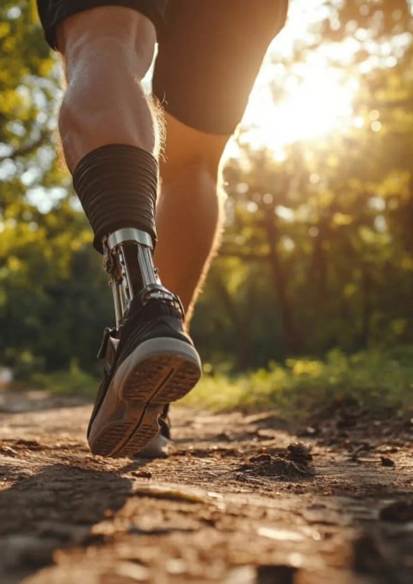 Close-up of person running outdoors with prosthetic leg on a sunlit forest path