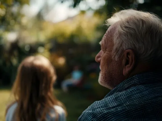 Elderly man looking thoughtfully outdoors with blurred person in foreground