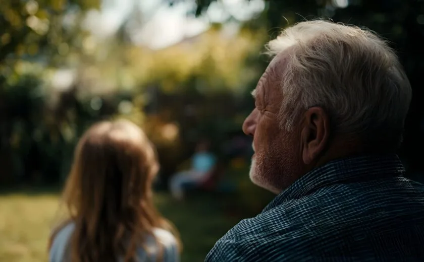 Elderly man looking thoughtfully outdoors with blurred person in foreground