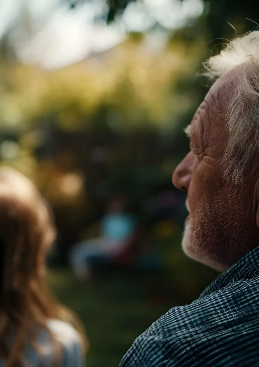 Elderly man looking thoughtfully outdoors with blurred person in foreground