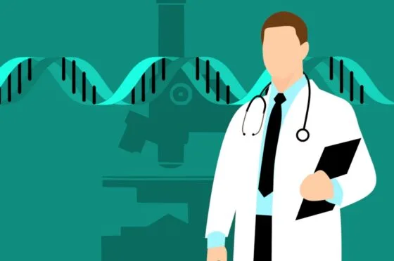 Illustration of a doctor with stethoscope and DNA strand with microscope in background
