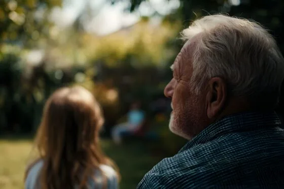 Older man and child sitting outside in a sunlit garden