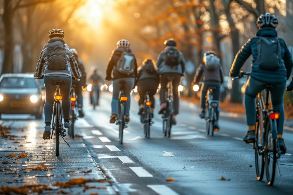 Group of cyclists riding on a city road with autumn leaves and cars around