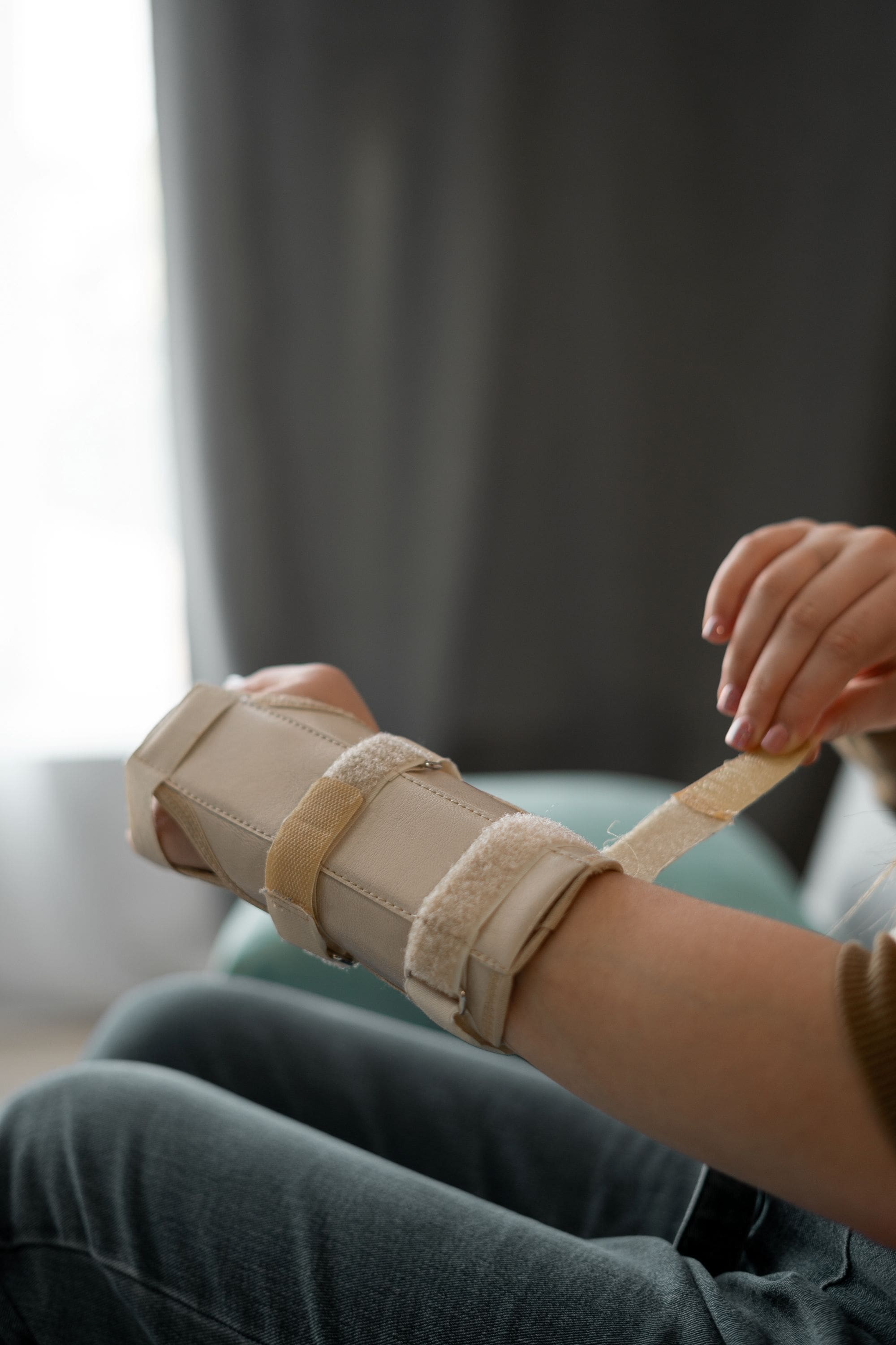 Person fastening wrist splint with velcro straps