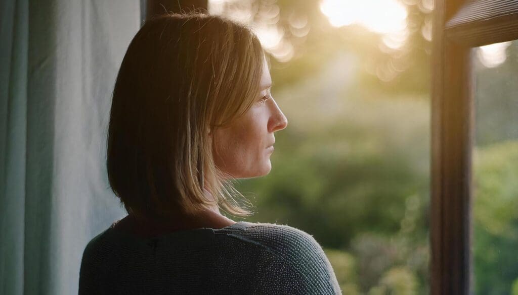 Young woman looking thoughtfully through the window into the garden