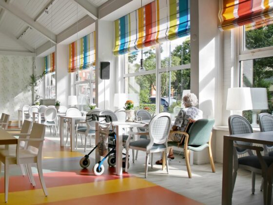 Care home dining room with mobility aid