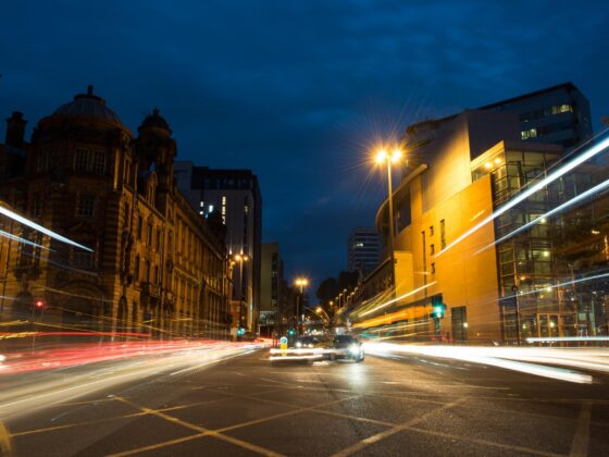 City traffic light trails at dusk