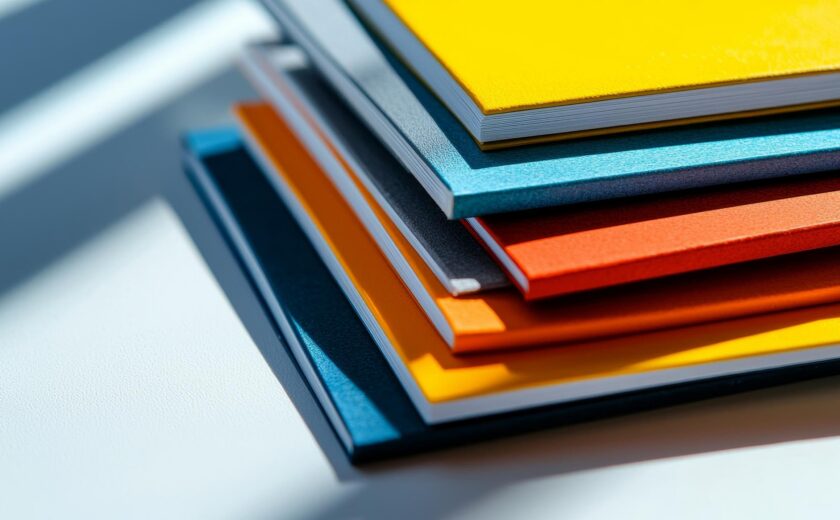 Colourful material samples arranged on table