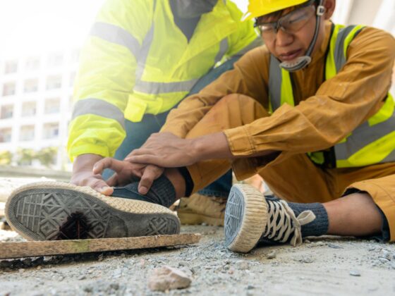Construction workers helping injured colleague