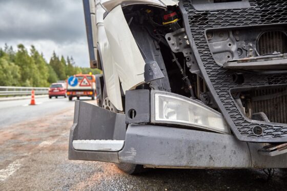 Damaged lorry cab after motorway collision