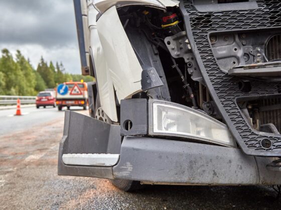Damaged lorry cab after motorway collision