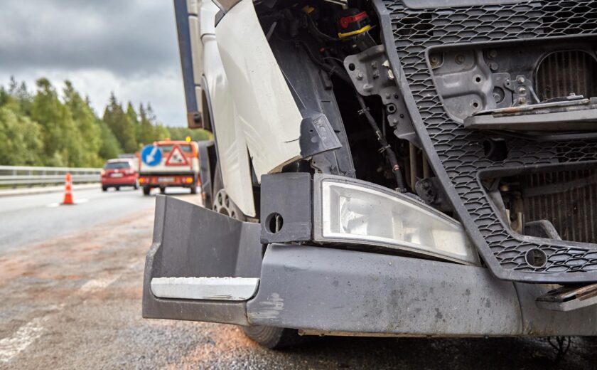 Damaged lorry cab after motorway collision