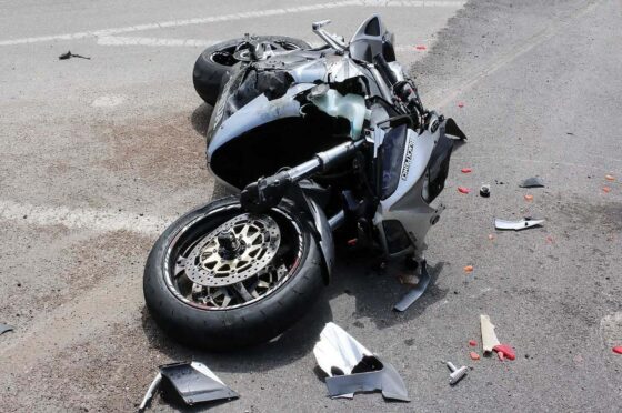 Damaged motorcycle after crash