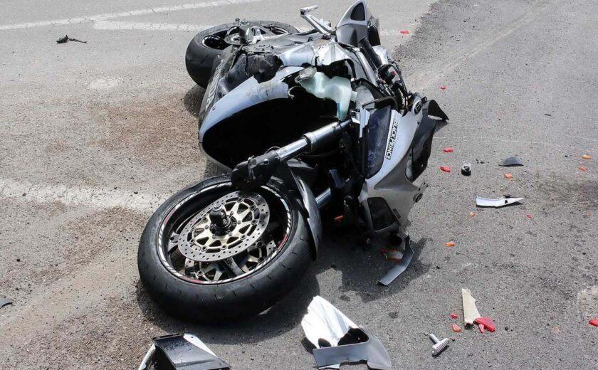 Damaged motorcycle after crash