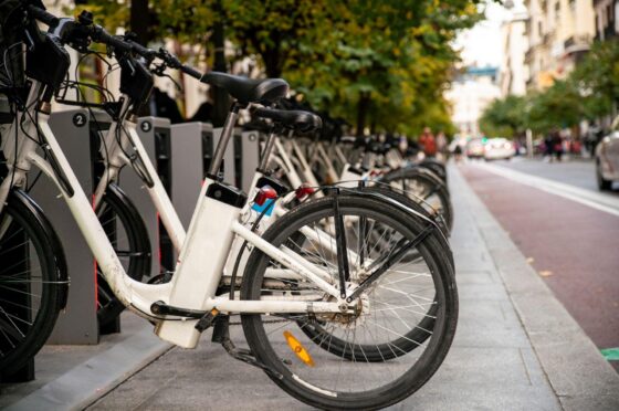Electric bikes parked on city street