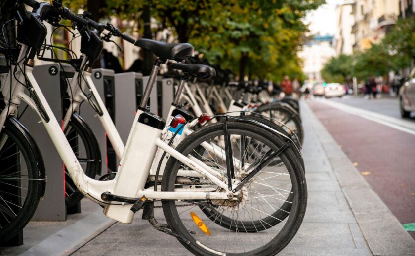 Electric bikes parked on city street