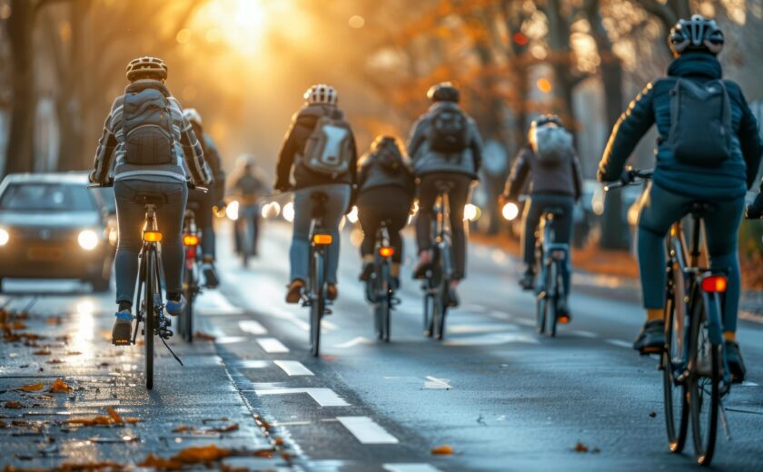 Group of cyclists riding along road