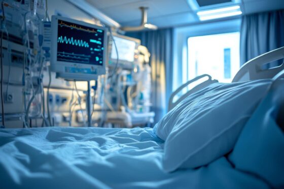 Hospital bed beside monitoring equipment