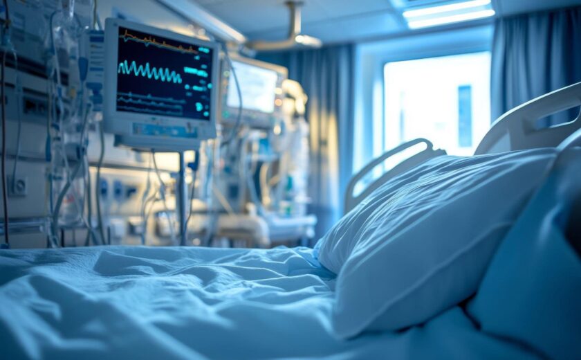 Hospital bed beside monitoring equipment