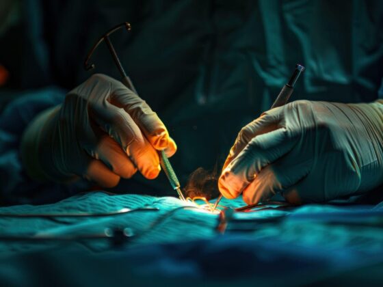 Laparoscopic surgery being performed in theatre