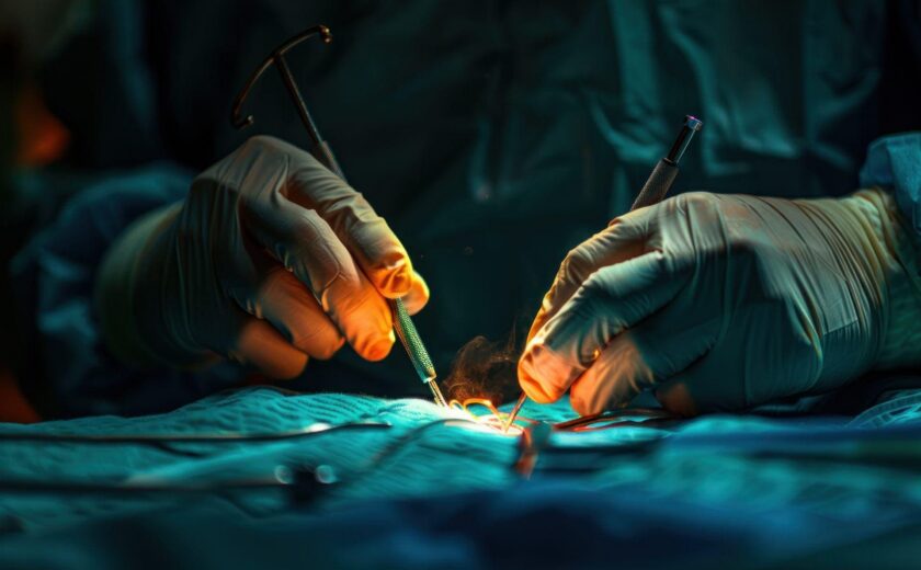 Laparoscopic surgery being performed in theatre