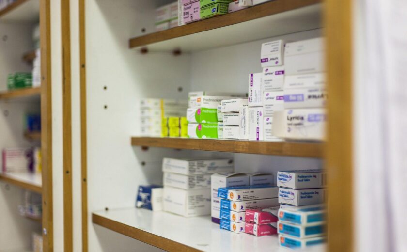 Medicine shelves in pharmacy