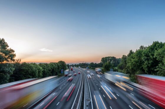 Motorway traffic light trails at dusk